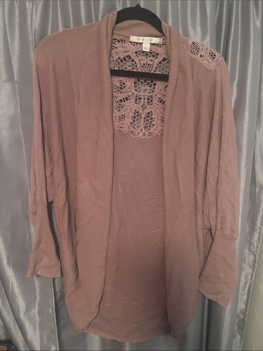 LC Lauren Conrad Mauve Lace-Back Open Cardigan